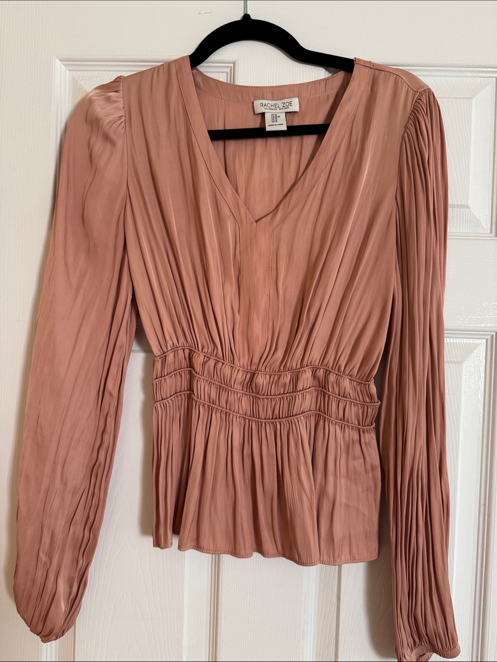Rachel Zoe Dusty Rose V-Neck Pleated Long Sleeve Blouse